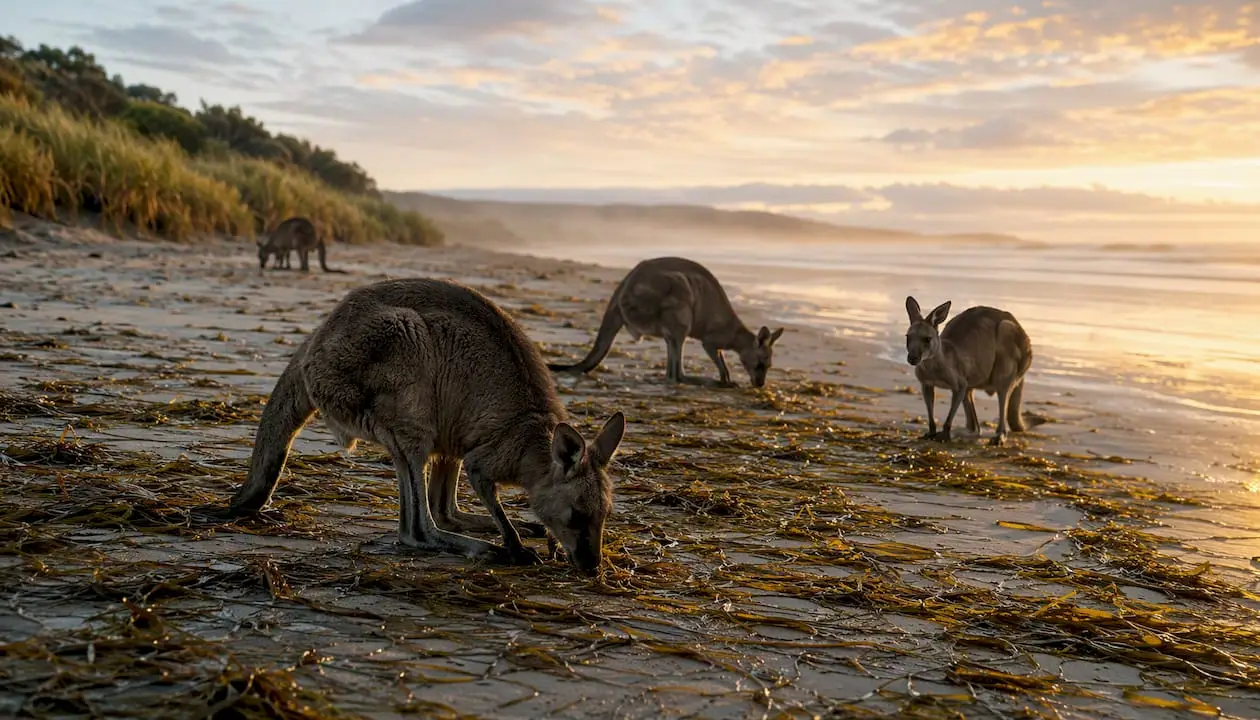 Kangaroos grazing on beach seagrass