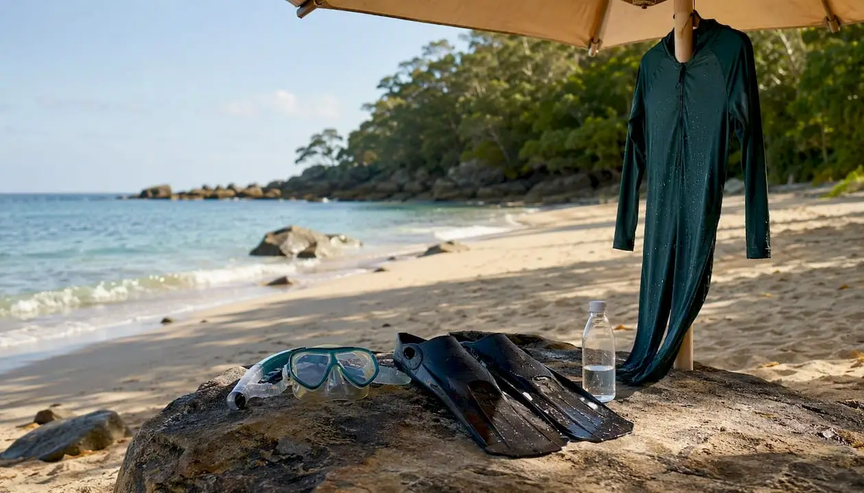 Lycra full-body stinger suit with snorkeling gear